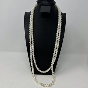 Bright White Faux Pearl Beaded Long Double Stranded Adjustable Necklace 28.5"